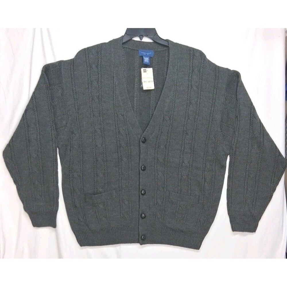 Vtg Towncraft Men 2XL Gray Cardigan Cable Knit Sweater Grandpa Varsity Prep